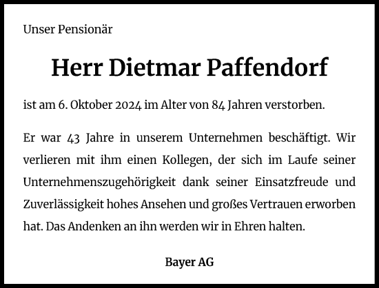 Anzeige von Dietmar Paffendorf von Kölner Stadt-Anzeiger / Kölnische Rundschau / Express