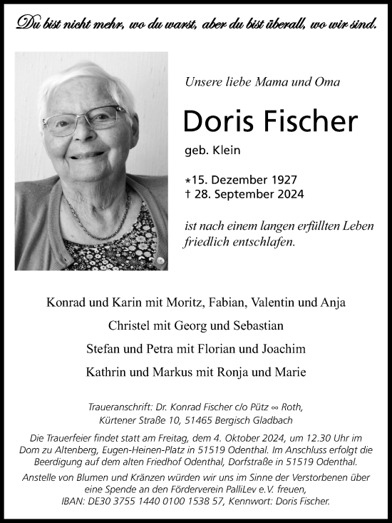Anzeige von Doris Fischer von Kölner Stadt-Anzeiger / Kölnische Rundschau / Express