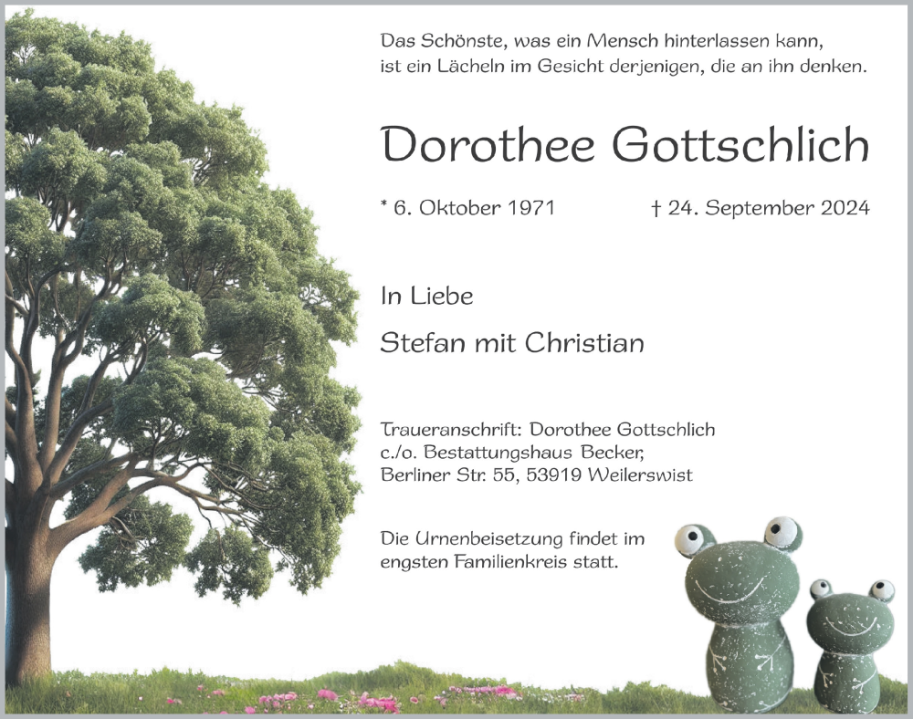  Traueranzeige für Dorothee Gottschlich vom 05.10.2024 aus  Blickpunkt Euskirchen 