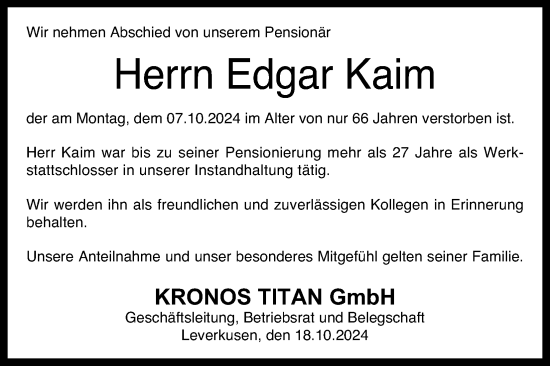 Anzeige von Edgar Kaim von Kölner Stadt-Anzeiger / Kölnische Rundschau / Express