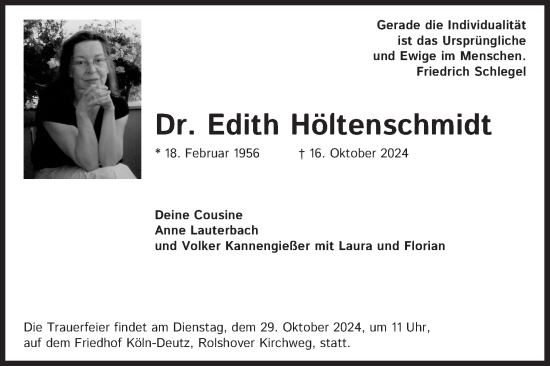 Anzeige von Edith Höltenschmidt von Kölner Stadt-Anzeiger / Kölnische Rundschau / Express