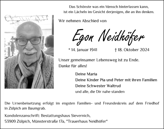 Anzeige von Egon Neidhöfer von  Blickpunkt Euskirchen 