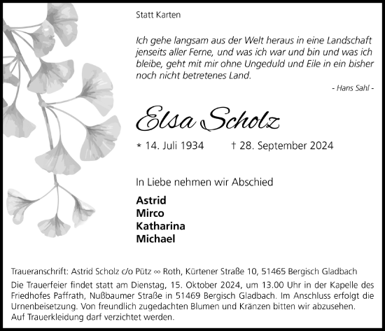 Anzeige von Elsa Scholz von  Bergisches Handelsblatt 