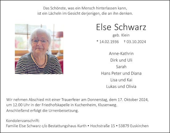 Anzeige von Else Schwarz von  Blickpunkt Euskirchen 