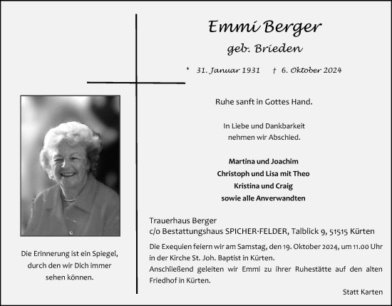 Anzeige von Emmi Berger von Kölner Stadt-Anzeiger / Kölnische Rundschau / Express