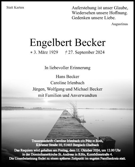 Anzeige von Engelbert Becker von Kölner Stadt-Anzeiger / Kölnische Rundschau / Express