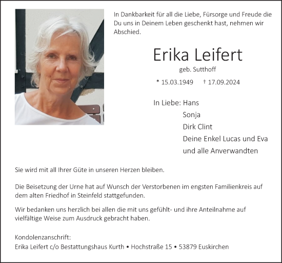 Anzeige von Erika Leifert von  Blickpunkt Euskirchen 