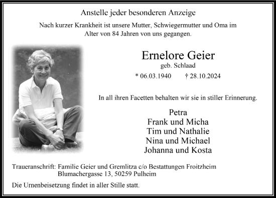 Anzeige von Ernelore Geier von  Wochenende 