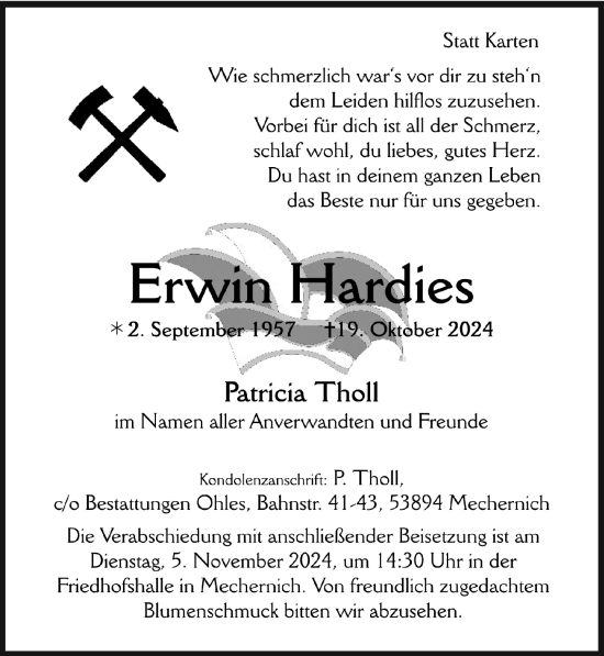 Anzeige von Erwin Hardies von  Blickpunkt Euskirchen 