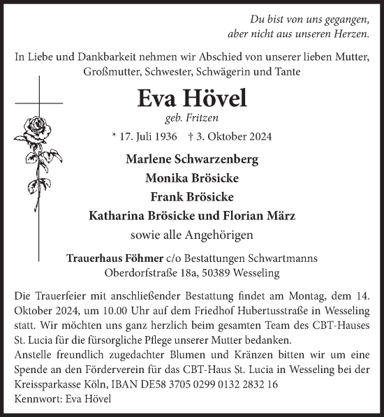 Anzeige von Eva Hövel von  Schlossbote/Werbekurier 