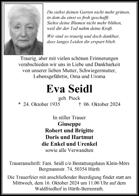 Anzeige von Eva Seidl von  Wochenende 