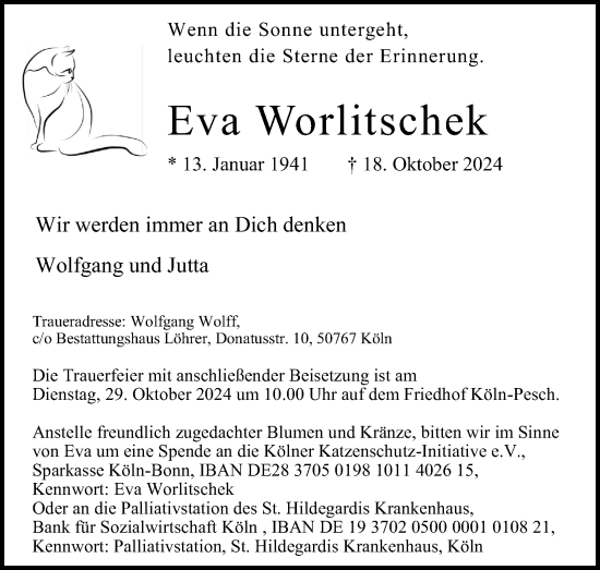 Anzeige von Eva Worlitschek von Kölner Stadt-Anzeiger / Kölnische Rundschau / Express