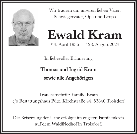 Anzeige von Ewald Kram von  Wochenende 
