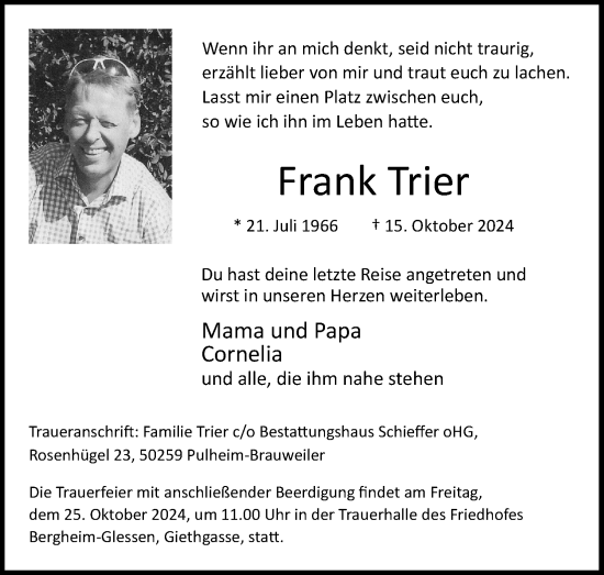 Anzeige von Frank Trier von Kölner Stadt-Anzeiger / Kölnische Rundschau / Express
