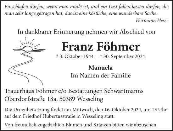 Anzeige von Franz Föhmer von  Schlossbote/Werbekurier 