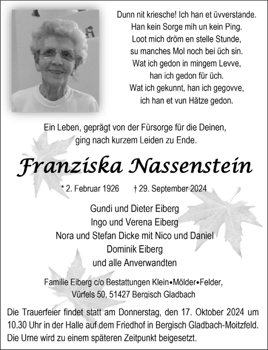 Anzeige von Franziska Nassenstein von  Bergisches Handelsblatt 