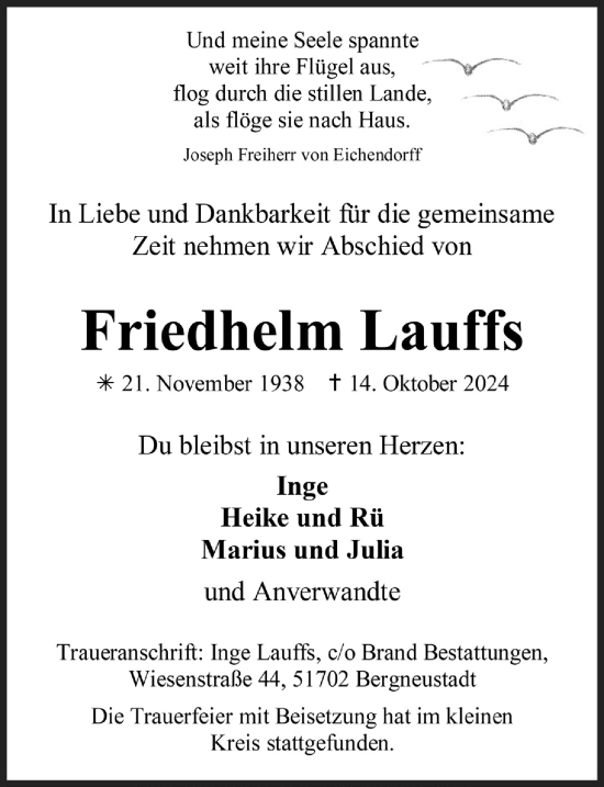 Anzeige von Friedhelm Lauffs von  Anzeigen Echo 