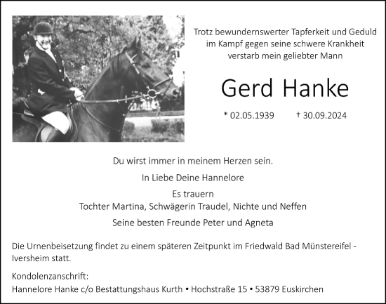 Anzeige von Gerd Hanke von  Blickpunkt Euskirchen 