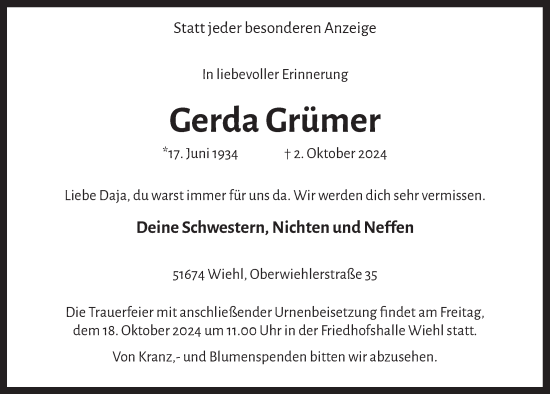 Anzeige von Gerda Grümer von  Anzeigen Echo 