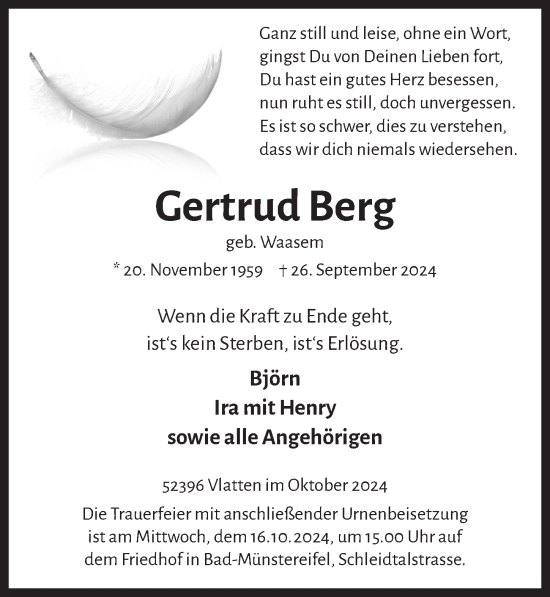 Anzeige von Gertrud Berg von  Blickpunkt Euskirchen 