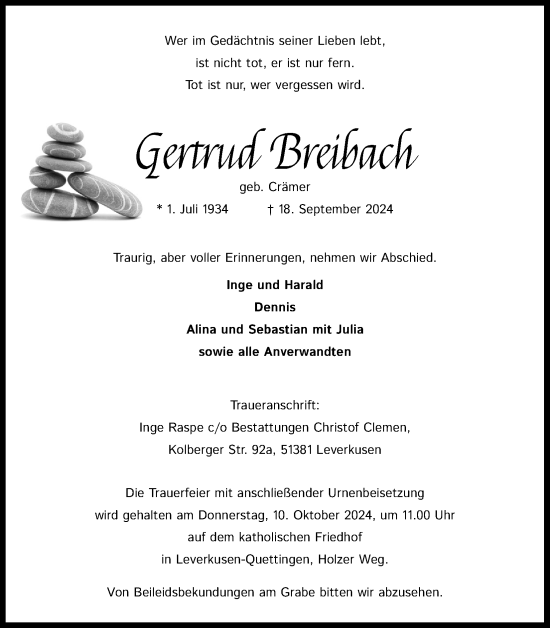 Anzeige von Gertrud Breibach von Kölner Stadt-Anzeiger / Kölnische Rundschau / Express