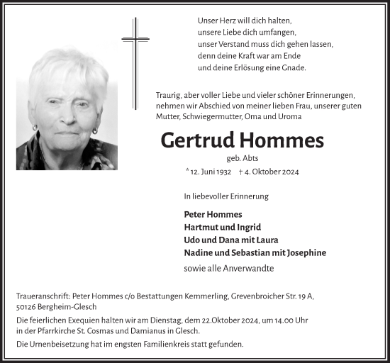Anzeige von Gertrud Hommes von  Werbepost 