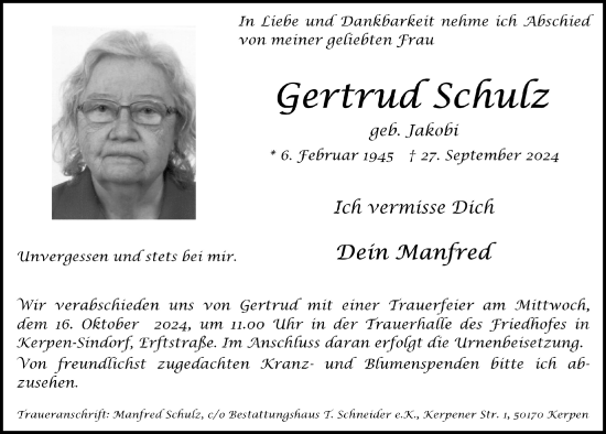 Anzeige von Gertrud Schulz von  Werbepost 