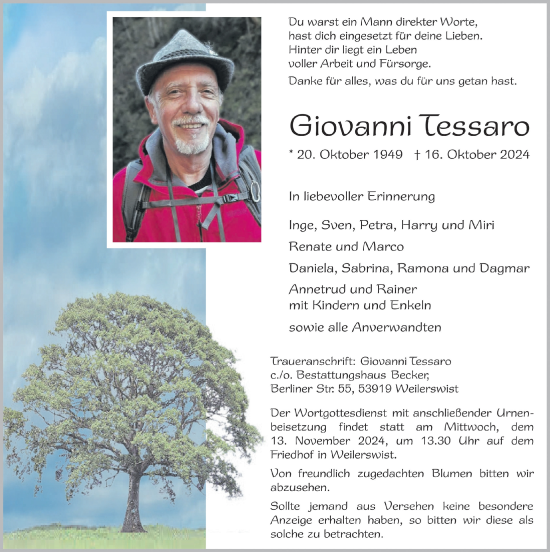 Anzeige von Giovanni Tessaro von  Blickpunkt Euskirchen 