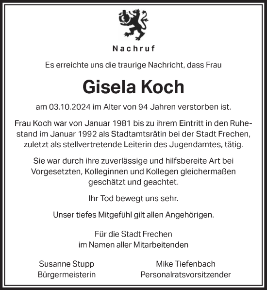 Anzeige von Gisela Koch von  Wochenende 