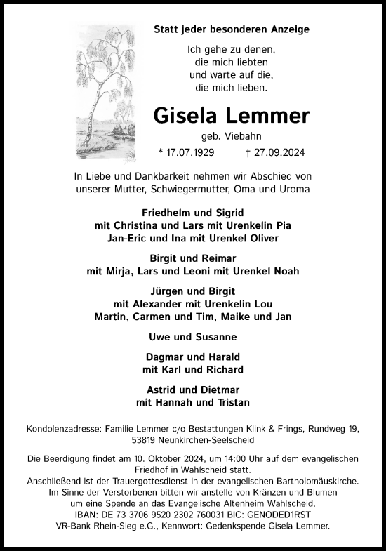 Anzeige von Gisela Lemmer von Kölner Stadt-Anzeiger / Kölnische Rundschau / Express
