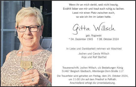 Anzeige von Gitta Willsch von  Bergisches Handelsblatt 