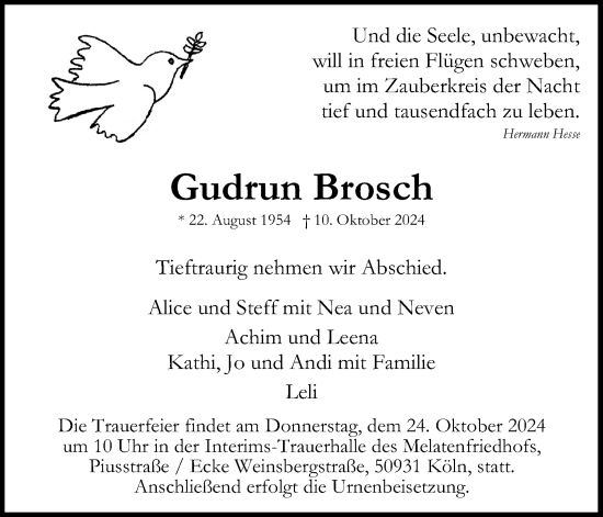 Anzeige von Gudrun Brosch von Kölner Stadt-Anzeiger / Kölnische Rundschau / Express