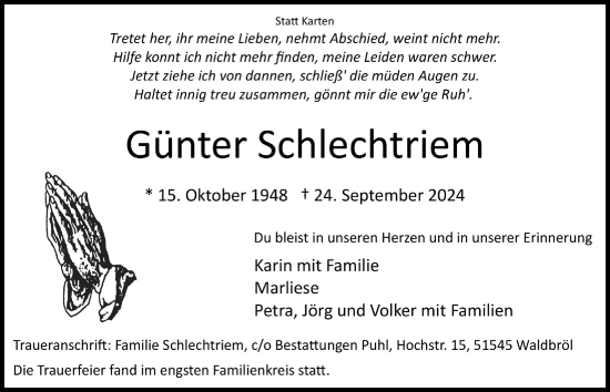 Anzeige von Günter Schlechtriem von  Lokalanzeiger 