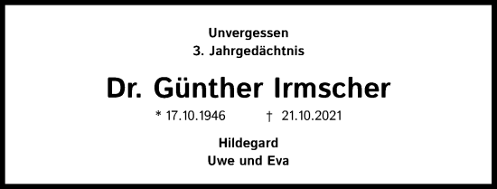 Anzeige von Günther Irmscher von Kölner Stadt-Anzeiger / Kölnische Rundschau / Express