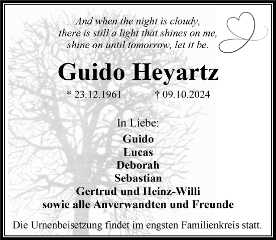 Anzeige von Guido Heyartz von  Wochenende 