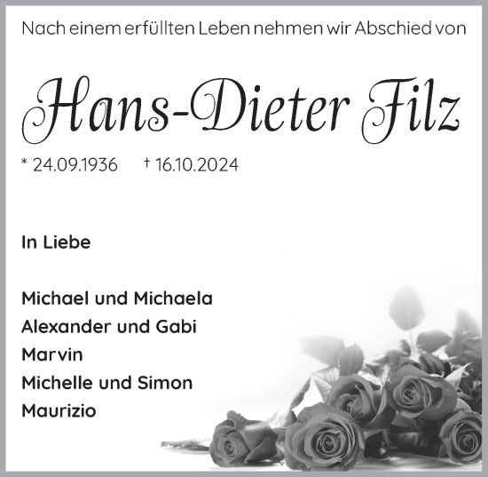 Anzeige von Hans-Dieter Filz von  Schlossbote/Werbekurier 