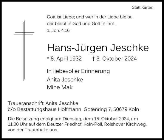 Anzeige von Hans-Jürgen Jeschke von Kölner Stadt-Anzeiger / Kölnische Rundschau / Express