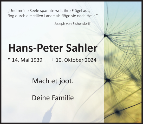 Anzeige von Hans-Peter Sahler von  Anzeigen Echo 