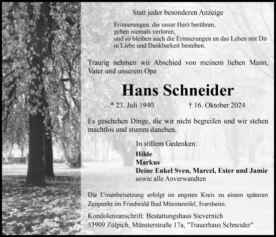 Anzeige von Hans Schneider von  Blickpunkt Euskirchen 