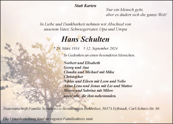Anzeige von Hans Schulten von  Werbepost 
