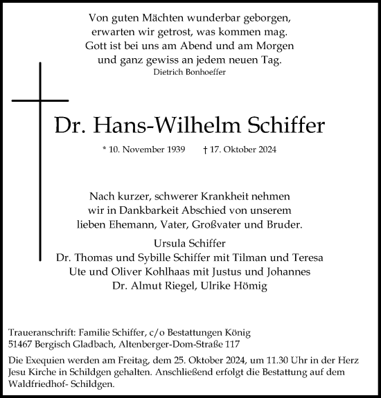 Anzeige von Hans-Wilhelm Schiffer von Kölner Stadt-Anzeiger / Kölnische Rundschau / Express
