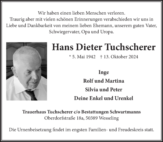 Anzeige von Hans Dieter Tuchscherer von  Schlossbote/Werbekurier 