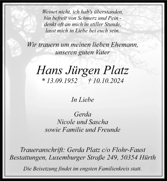 Anzeige von Hans Jürgen Platz von  Wochenende 