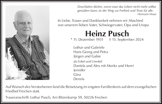 Anzeige von Heinz Pusch von  Wochenende 