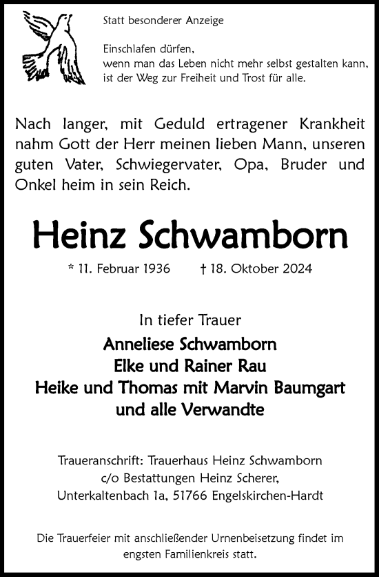 Anzeige von Heinz Schwamborn von  Anzeigen Echo 