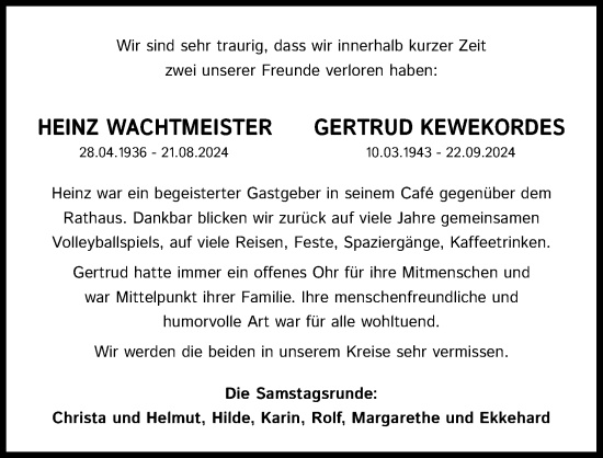 Anzeige von Heinz Wachtmeister von Kölner Stadt-Anzeiger / Kölnische Rundschau / Express