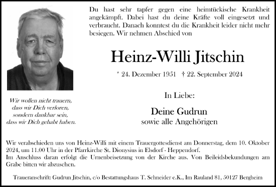 Anzeige von Heinz-Willi Jitschin von  Werbepost 