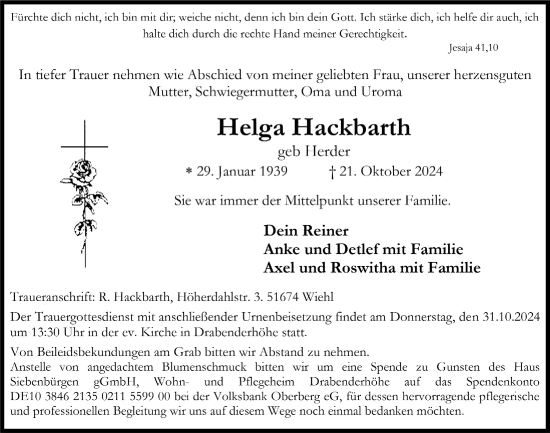 Anzeige von Helga Hackbarth von  Anzeigen Echo 