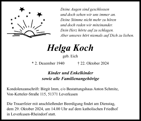 Anzeige von Helga Koch von Kölner Stadt-Anzeiger / Kölnische Rundschau / Express