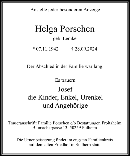 Anzeige von Helga Porschen von  Wochenende 